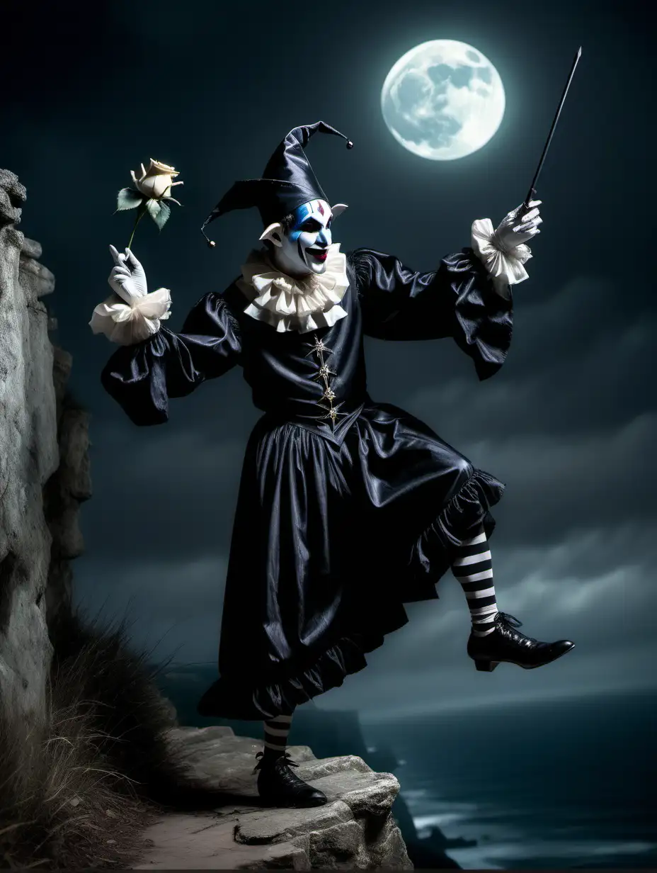Gothic Medieval Jester Dancing on Cliff Edge with Moonlit White Rose and Black Wand