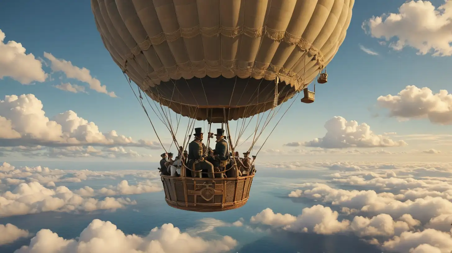 the pilot in a hot air balloon traveling above the ocean in the clouds during the 1800s