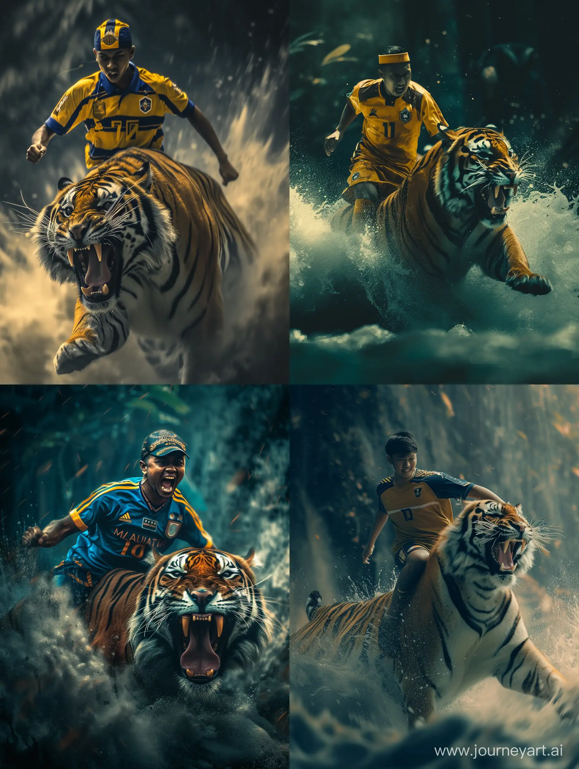 Realistic of Malay national team football player wear malaysia jersey is riding a fierce malayan tiger. canon eos-id x mark iii dslr --v 6.0