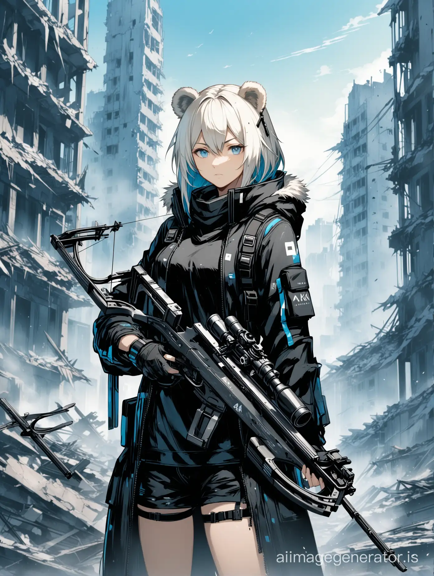 Arknights, (((Arknights))) ursus girl, bear ears,platinum hair, with a crossbow, against the background of destroyed city, (((black clothes with blue elements)))