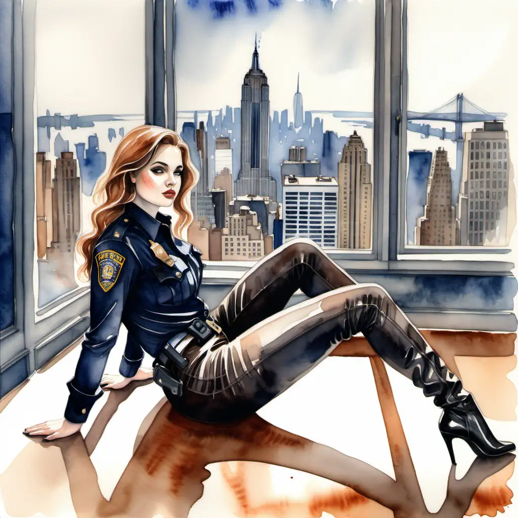 Sexy curvy girl, brown hired police officer, deessed in black, with leather pant, sitting on the floor of a room with legs up in a room with a window overlooking new york. Watercolor.