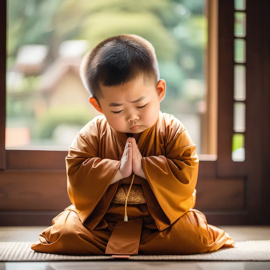 Adorable Asian Child in Traditional Monk Robe Engaged in Prayer
