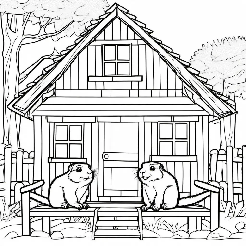 two marmots seating next to the wooden house, Coloring Page, black and white, line art, white background, Simplicity, Ample White Space. The background of the coloring page is plain white to make it easy for young children to color within the lines. The outlines of all the subjects are easy to distinguish, making it simple for kids to color without too much difficulty