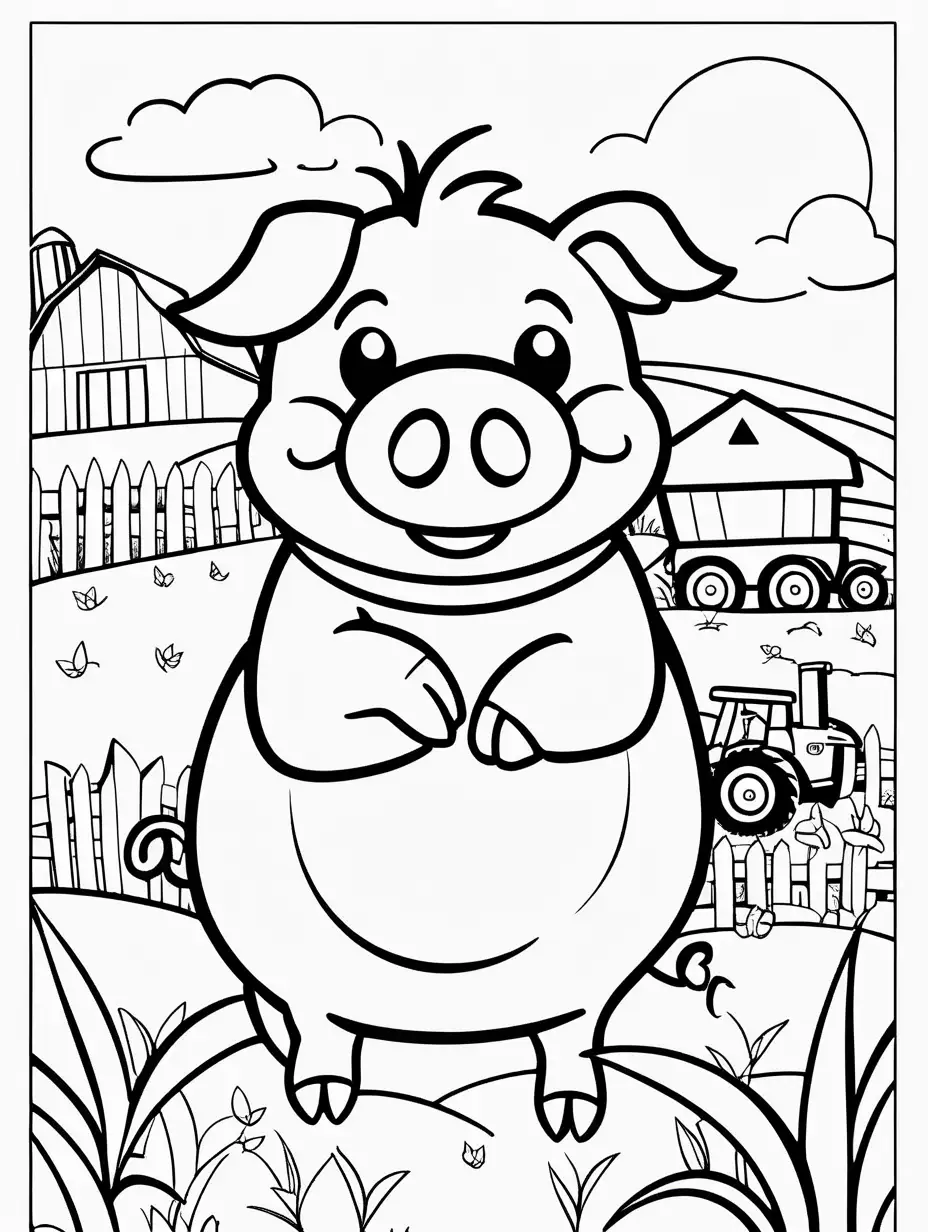 Very easy coloring page for 3 years old toddler. Smile   piggy on the farm. Without shadows. Thick black outline, without colors and big  details. White background.