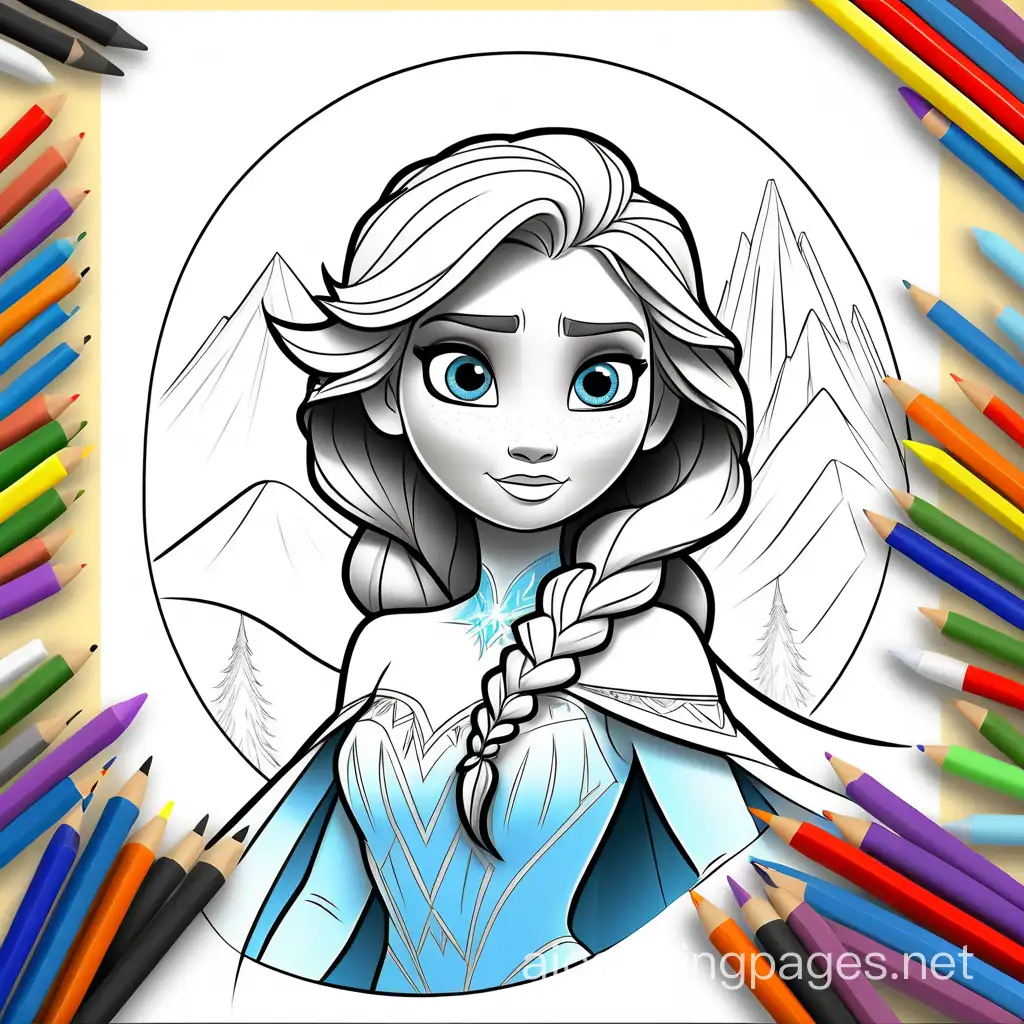 Frozen Elsa magic show mountain, Coloring Page, black and white, line art, white background, Simplicity, Ample White Space. The background of the coloring page is plain white to make it easy for young children to color within the lines. The outlines of all the subjects are easy to distinguish, making it simple for kids to color without too much difficulty