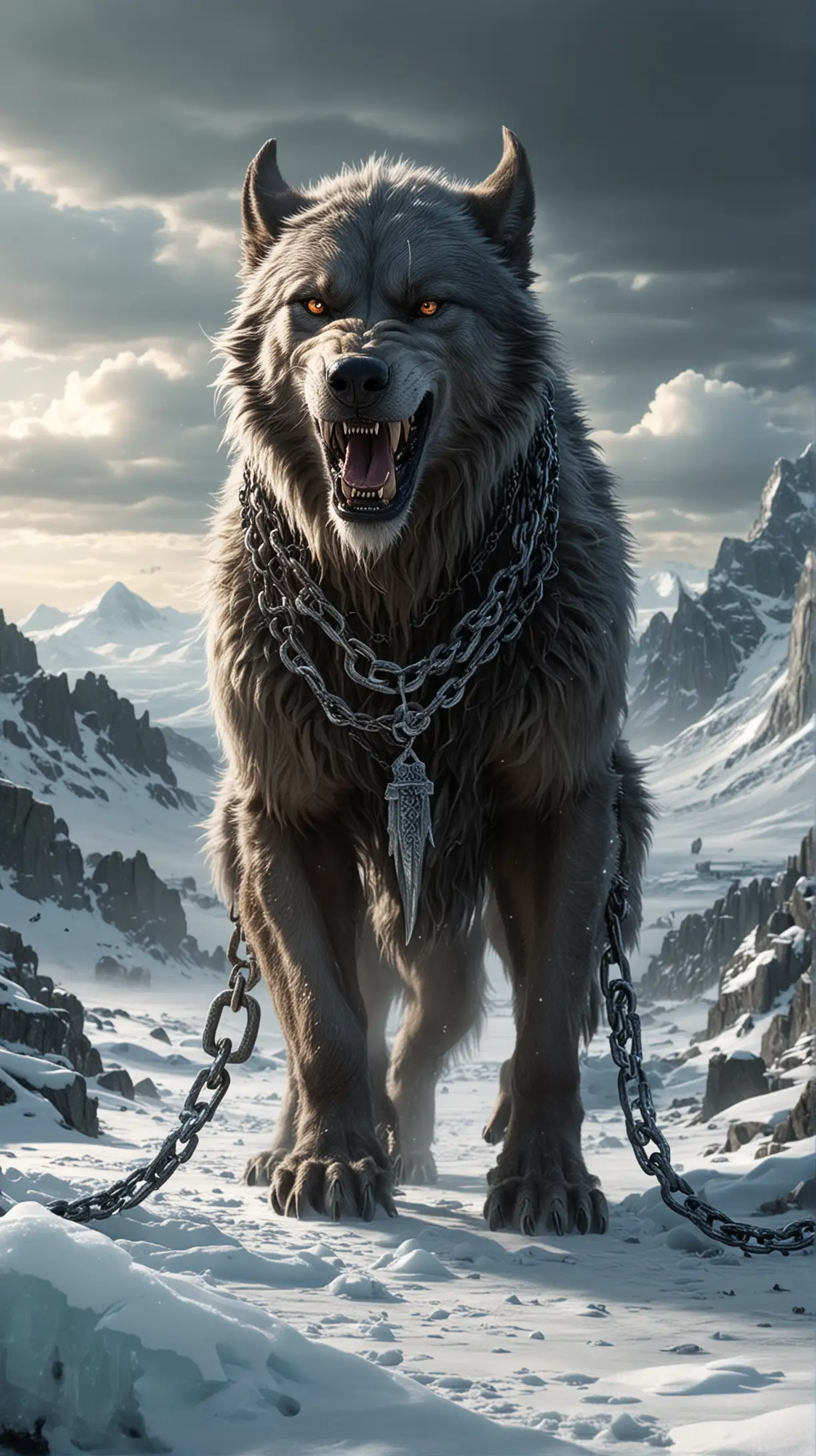Fenrir as a giant wolf demon, small vikings trying to hook him with chains, ice and cold landscapes and very small vikings on background, photo-realistic, hyper-realistic