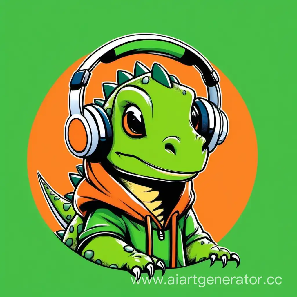 Зелёный милый динозавр в оранжевой толстовке и в наушниках в стиле комикс
