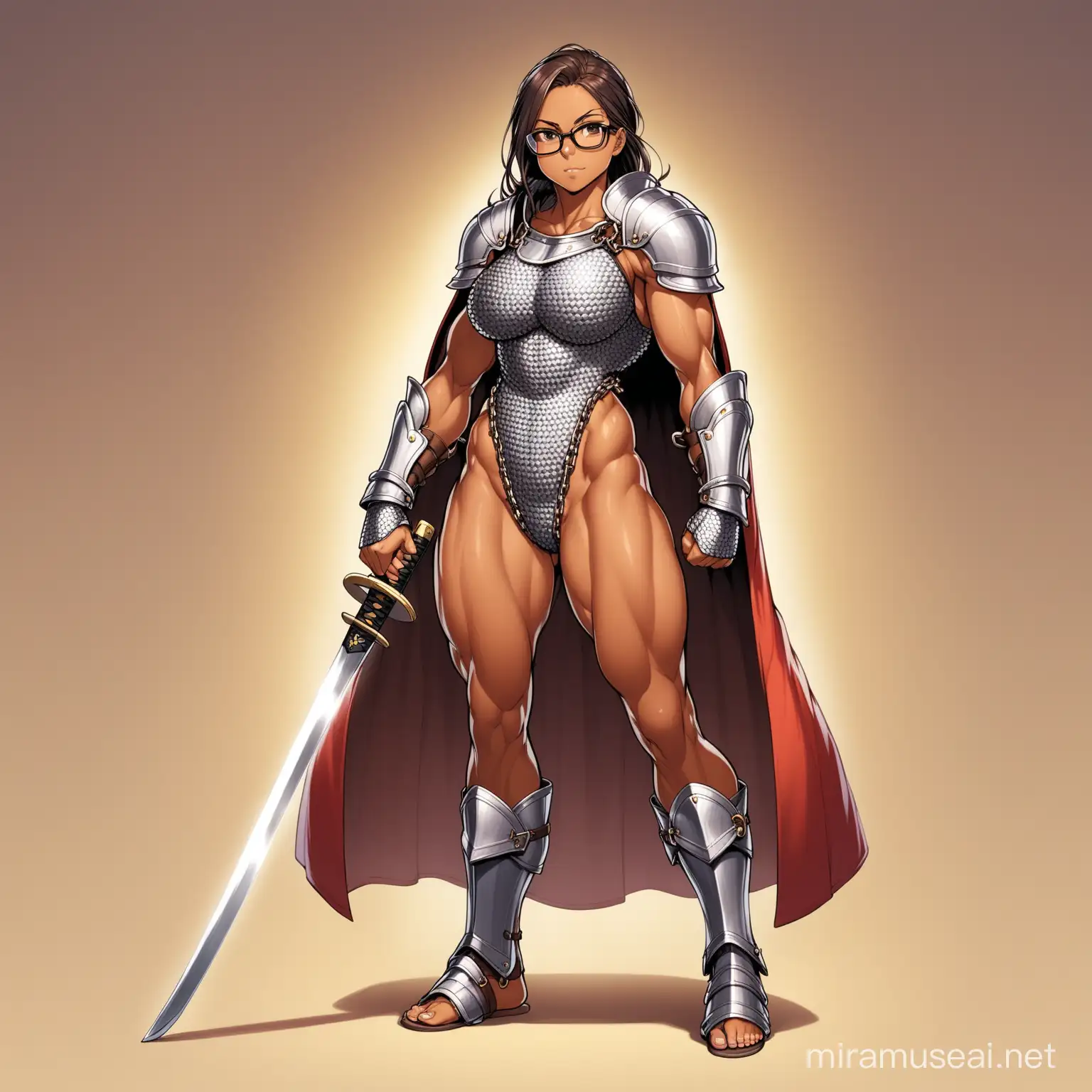 Small Female, glasses,athletic, toned,muscular,full body tan, large bust,chain mail one-piece armor,katana