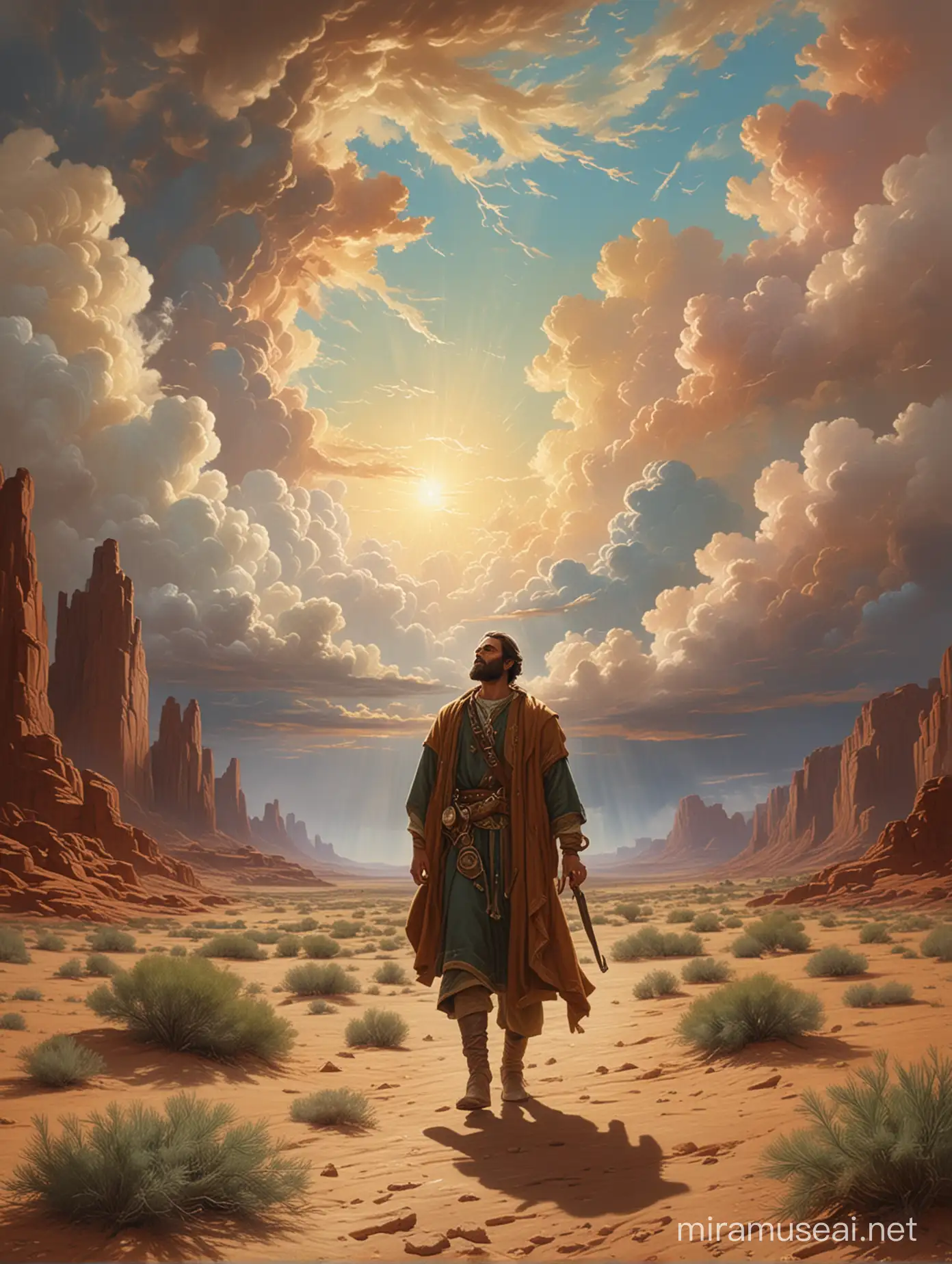 Highly detailed painting based closely on ((("Elijah in the Desert" by Washington Allston))), focus on the clouds in the sky, use muted pastel colors only, high quality