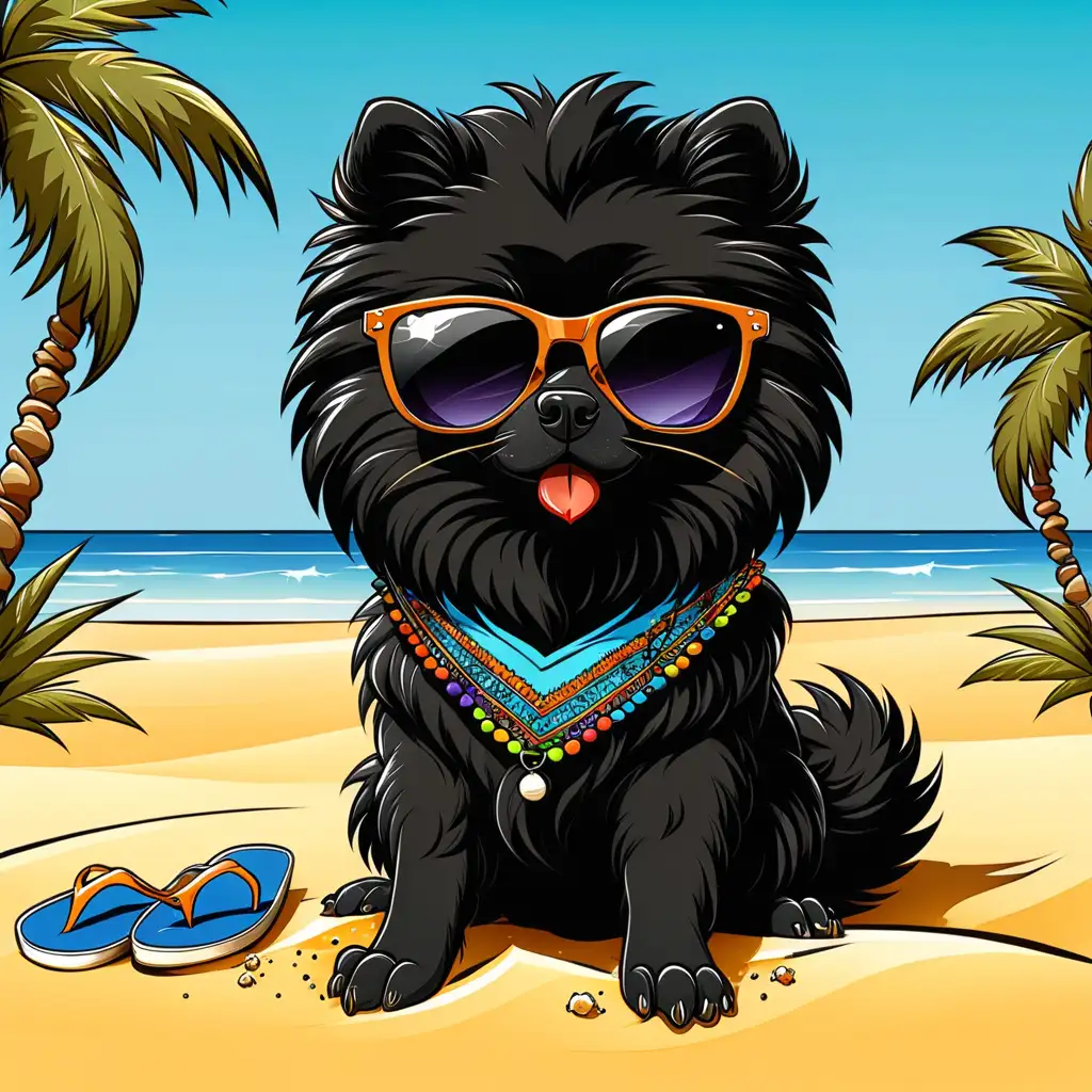 Cartoon  black pomerainian in sunglasses on the beach, sand, 7 colors in image, design for a t-shirt