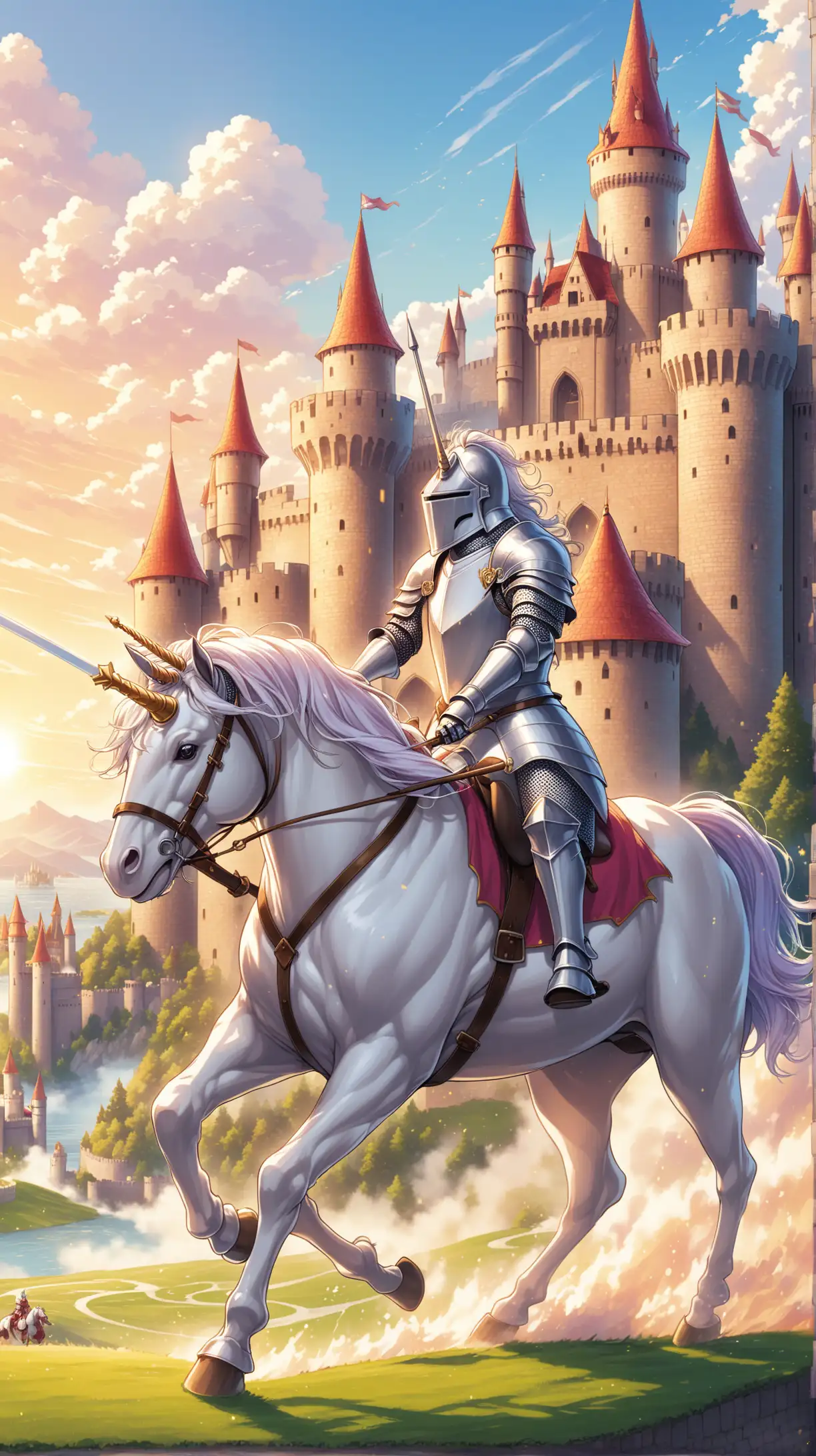Knight Riding Unicorn Defending Castle