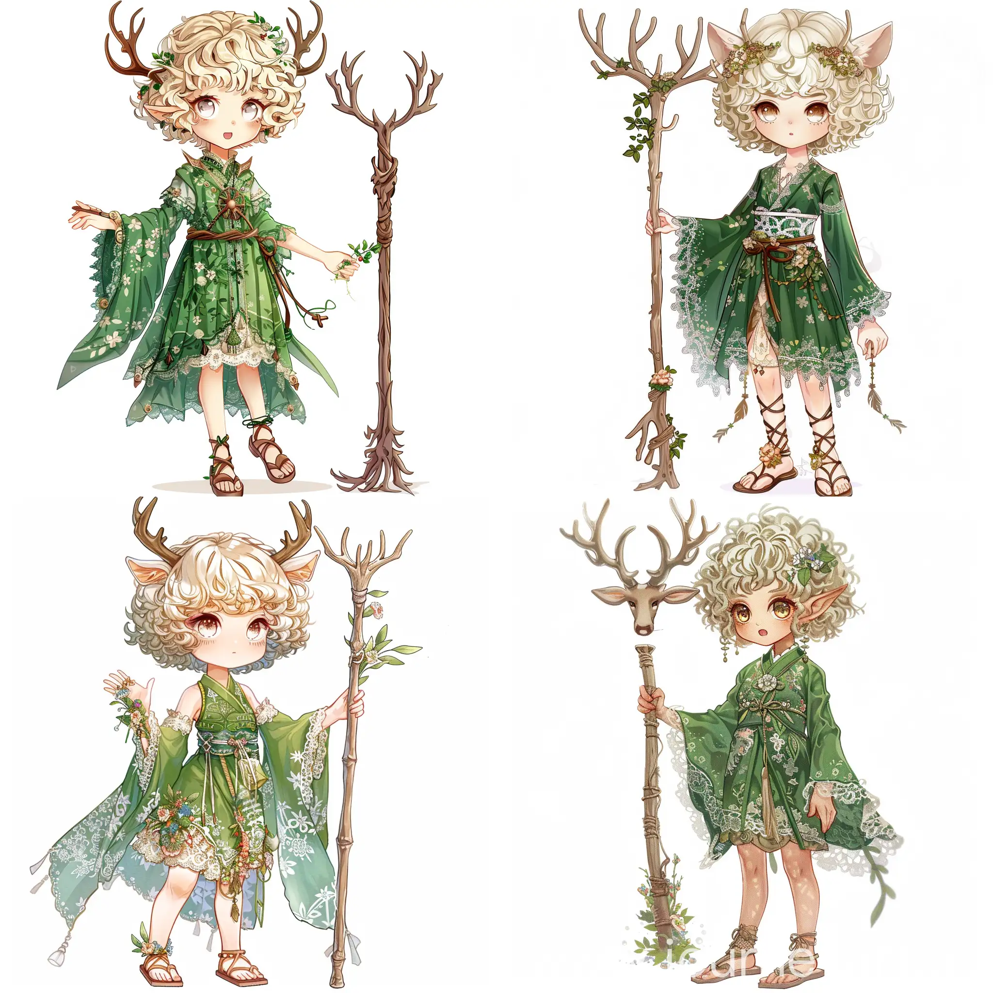 girl in chibi anime style, deer antlers, short curly blond hair, white eyes, green oriental dress with lace, flowers and herbarium on clothes, sandals, full height, wooden staff in hand.