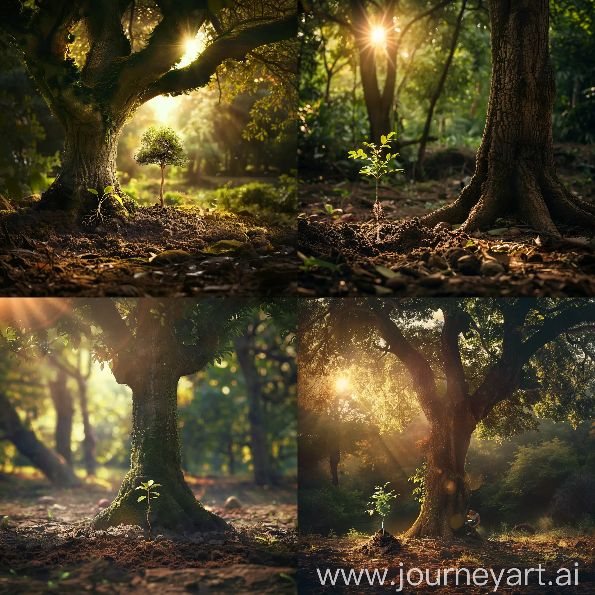 create a sunlit day in a forest with a mature tree. Underneath that mature tree there is a sprout for a tree being planted by a human