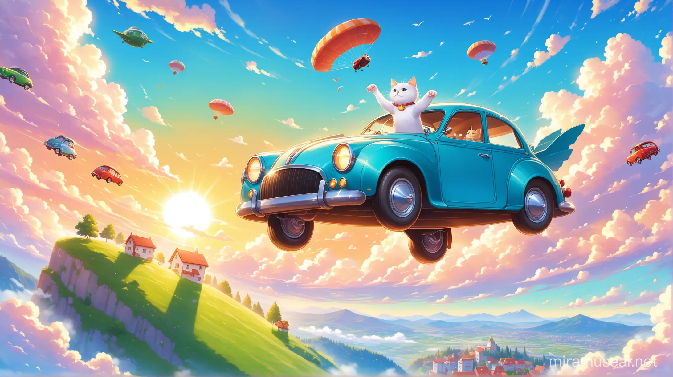 Cat dancing among the clouds on the hill, food flying, sunny weather and flying car