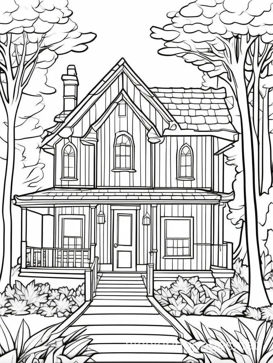 thin black outline art for forest Retreat House, photorealistic rendering, white background, sketch style, hand-drawn, only use a thin black outline, cartoon style, clean line art, 3D vector art, digital painting, isometric style,, Coloring Page, black and white, line art, white background, Simplicity, Ample White Space. The background of the coloring page is plain white to make it easy for young children to color within the lines. The outlines of all the subjects are easy to distinguish, making it simple for kids to color without too much difficulty, Coloring Page, black and white, line art, white background, Simplicity, Ample White Space. The background of the coloring page is plain white to make it easy for young children to color within the lines. The outlines of all the subjects are easy to distinguish, making it simple for kids to color without too much difficulty