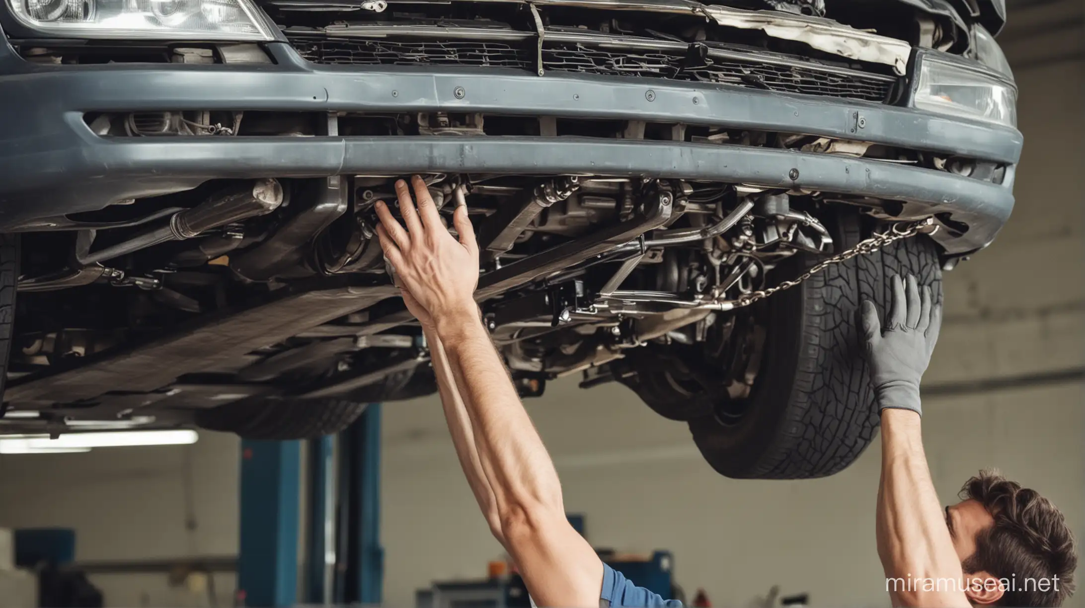 car workshop websites tumbnail image of a mechanic's hands and a car being repaired on a hoist