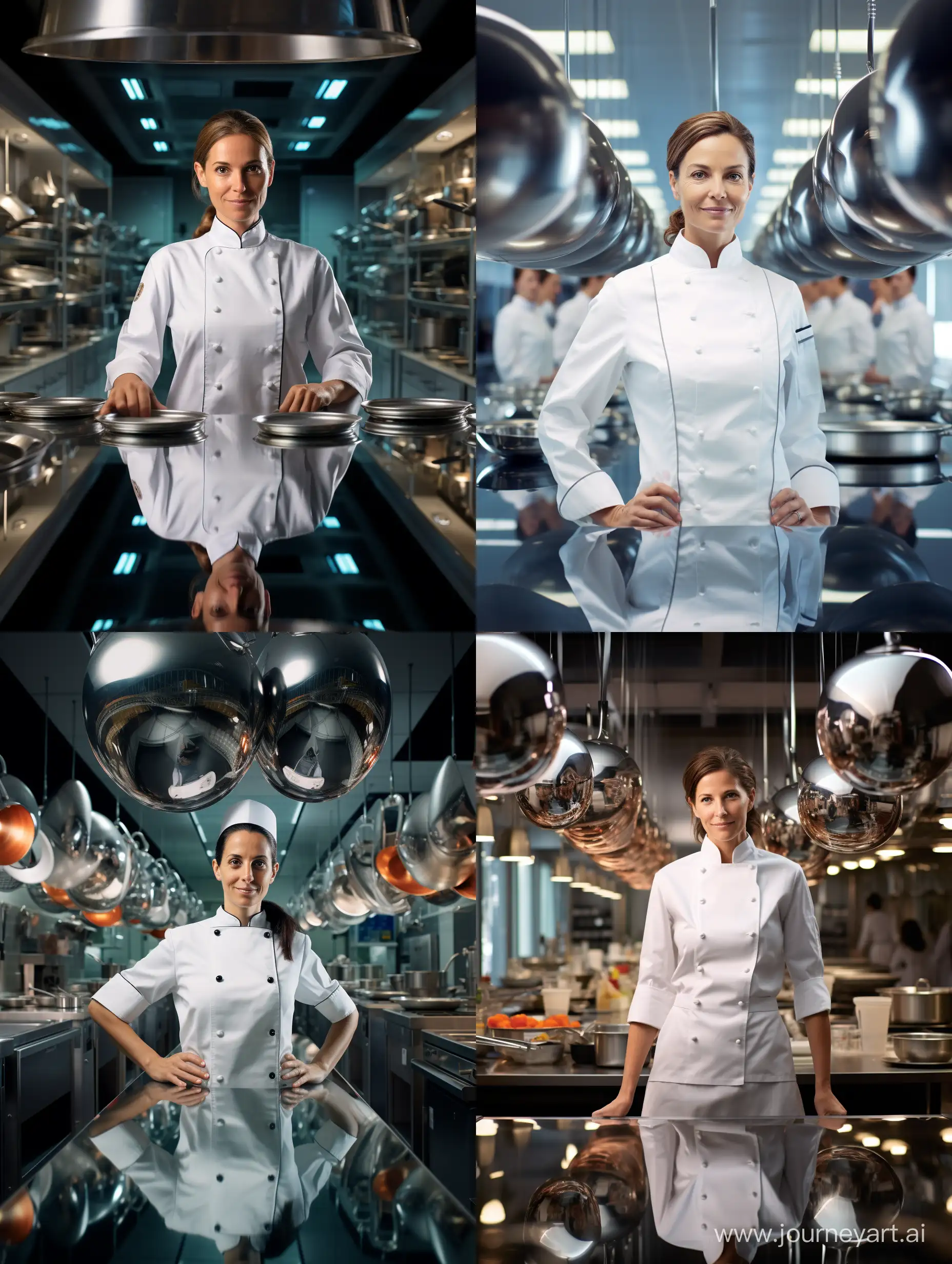 Symmetrical Photo of a large professional futuristic kitchen filled with equipment and products. In the center is a proud, beautiful 40-year-old European female chef in a white coat, standing directly facing the viewer, smiling and looking into a large shiny frying pan as if into a mirror. He holds the frying pan in his left hand. In the frying pan is the reflection of a sad, tired woman. The whole picture is made in bright advertising red and silver tones.