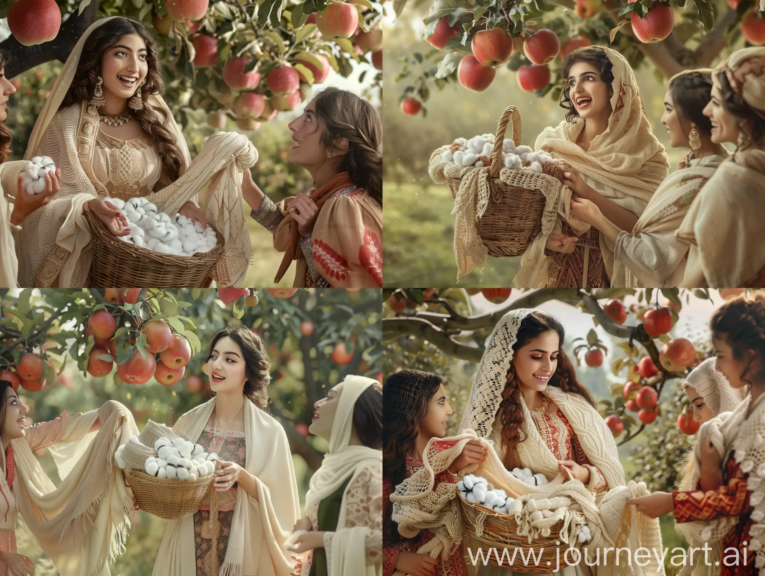 A beautiful young Persian woman in a traditional dress and a cream-colored shawl, while holding a basket full of shawls and cotton in her hand, shows her knitted shawls to her friends with a smile, and her friends are surprised.  They are under a big apple tree with apples the size of watermelons. Make a realistic high resolution photo with details.