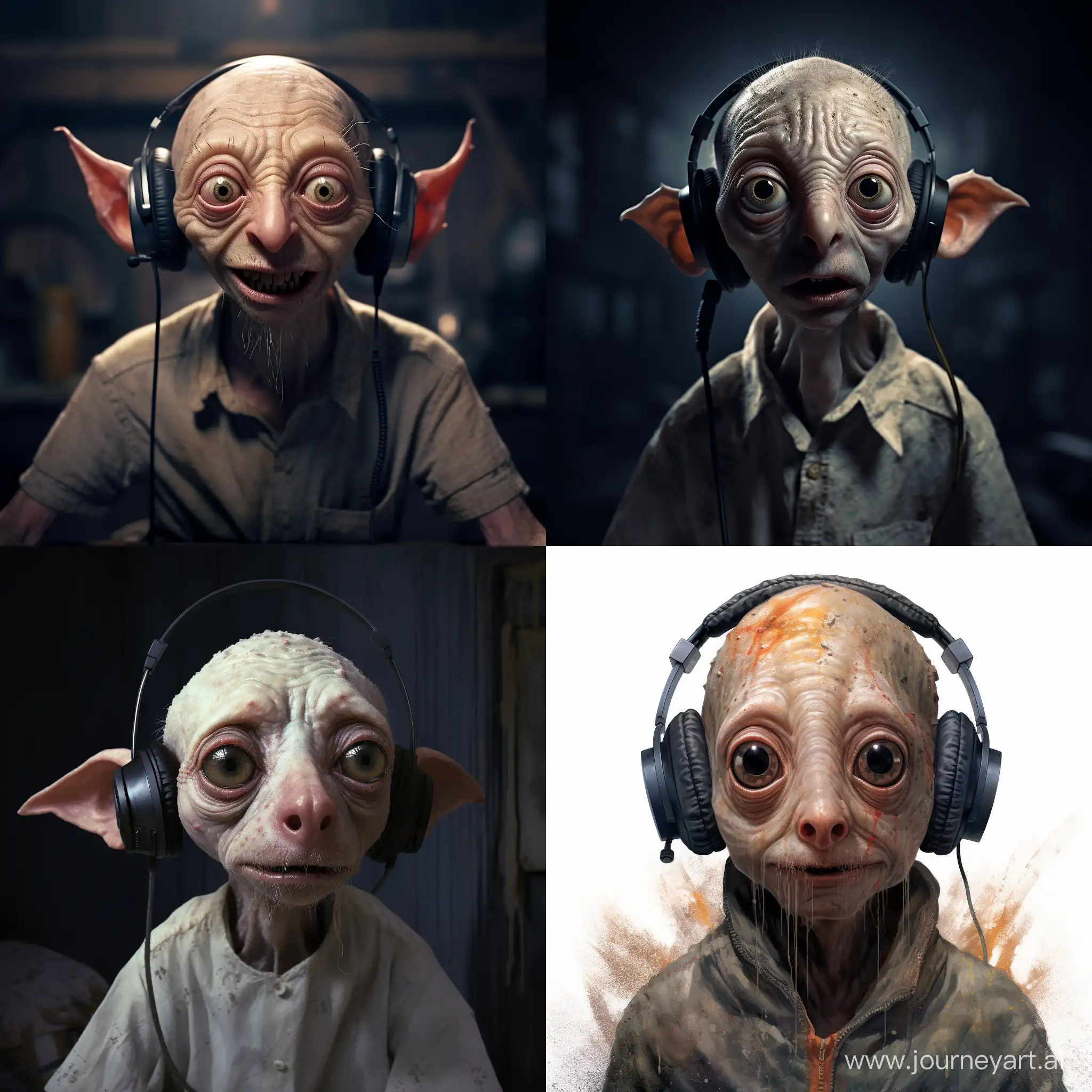 art dobby from harry potter with headphones with microphone