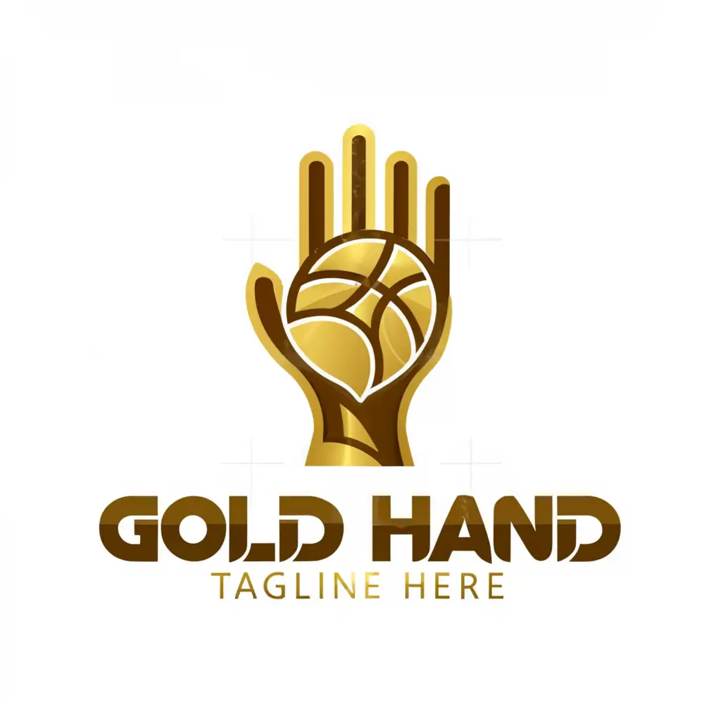 a logo design,with the text "Gold Hand", main symbol:Gold hand with palm basketball,complex,be used in Sports Fitness industry,clear background