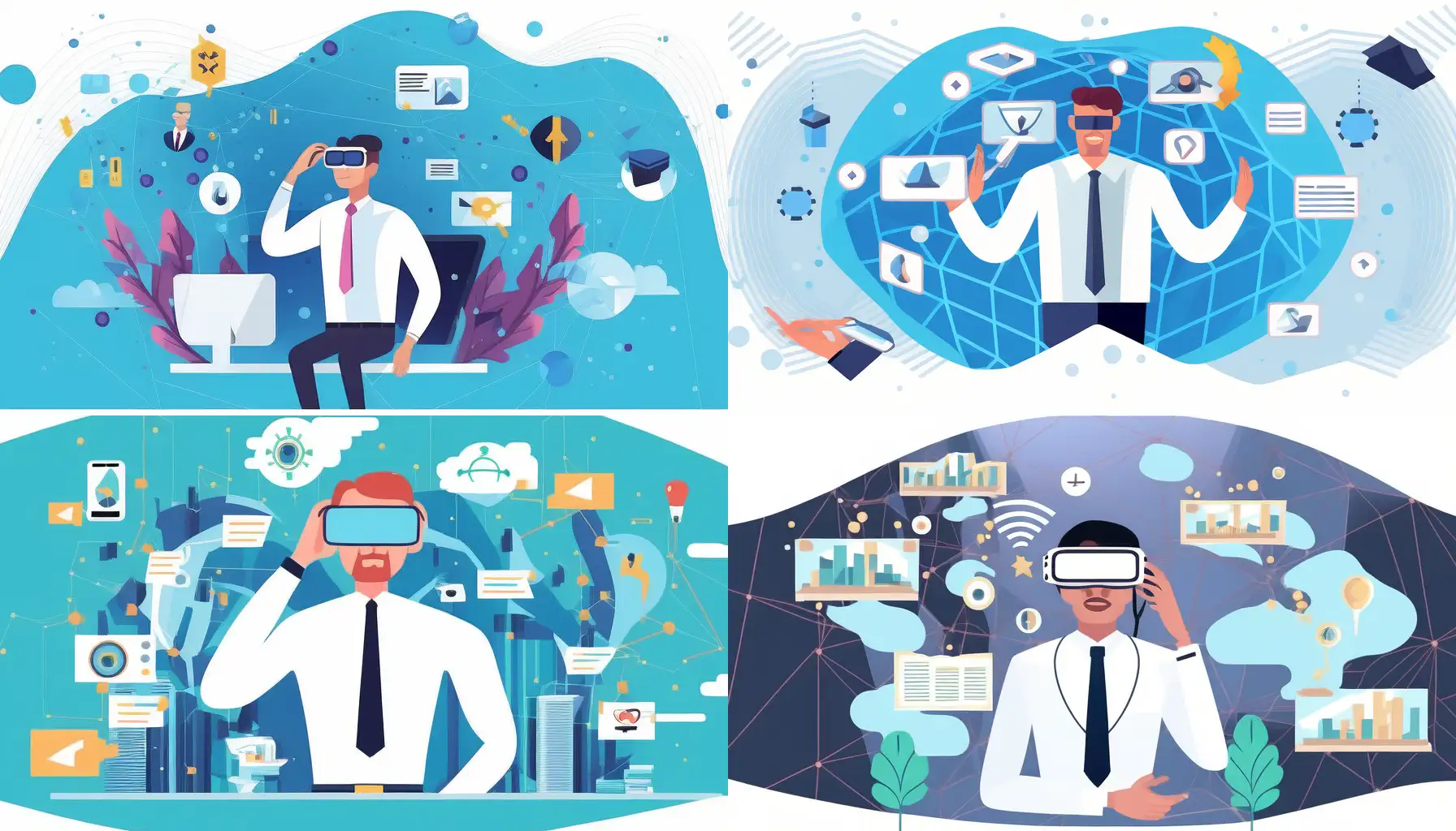 Design a flat-style illustration depicting a man in the financial sector, dressed in a crisp white shirt and tie, wearing VR glasses. He is immersed in a virtual environment, surrounded by floating digital data and icons representing financial information and analytics. The setting is sleek and modern, with clean lines and a minimalist aesthetic. The data elements should be stylized and geometric, suggesting a connection between technology and finance --ar 16:9
