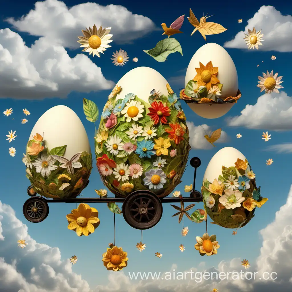фигурки яиц, цветов и листьев на колесиках парят в небесах среди облаков
