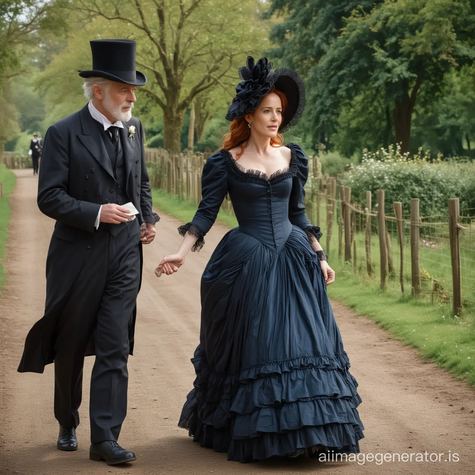 red hair Gillian Anderson wearing a dark blue floor-length loose billowing 1860 victorian crinoline poofy dress with a frilly bonnet walking with an old man dressed into a black victorian suit who seems to be her newlywed husband
