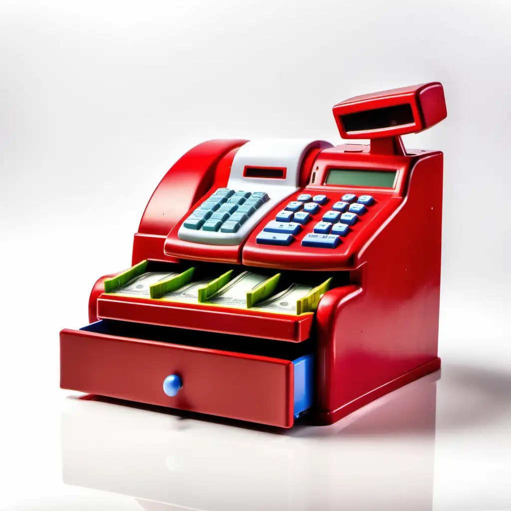 Red Toy Cash Register Side View Open on White Background