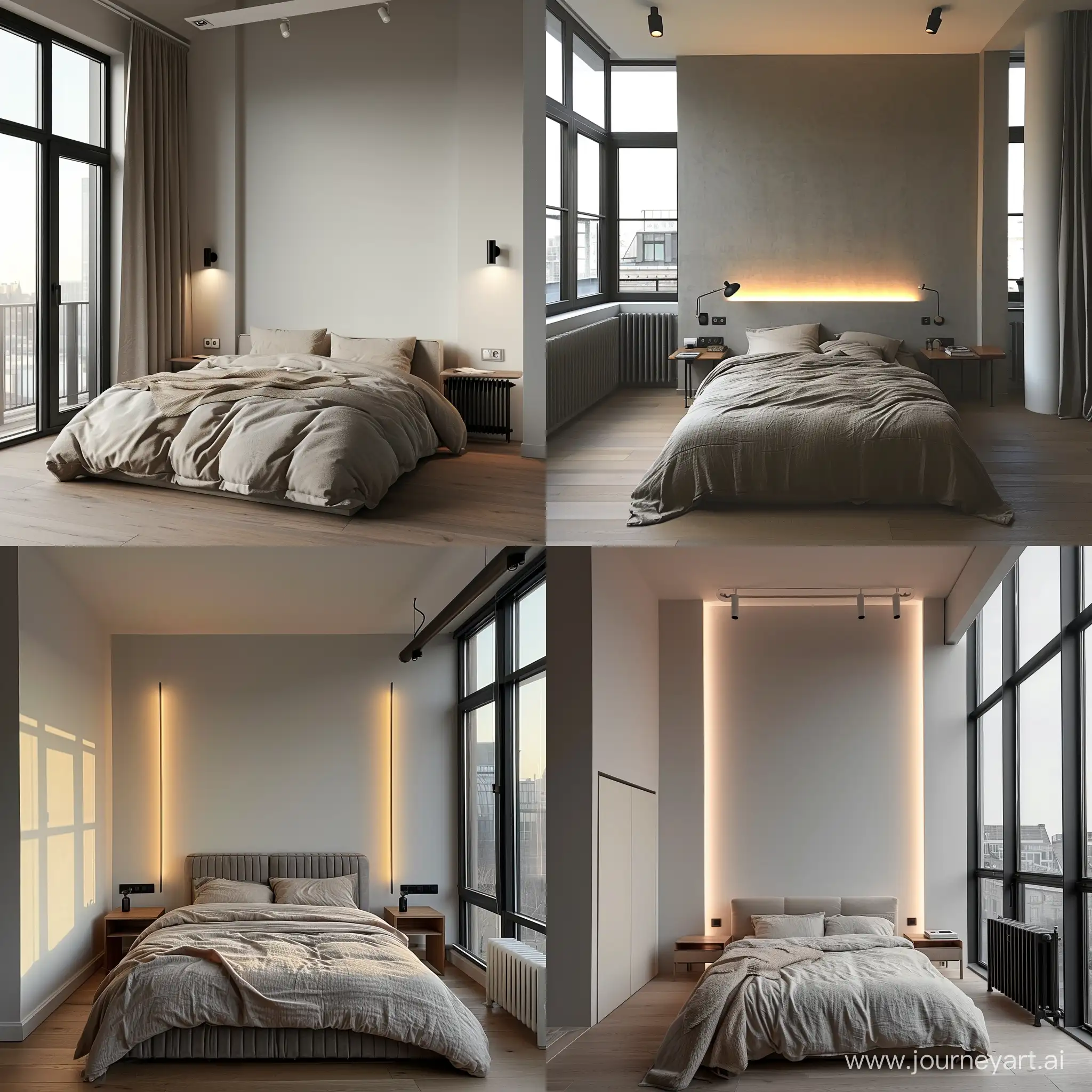 спальня минимализм, скала на стене светлая, кровать мягкая, тумбочки, окна в пол, радиатор
