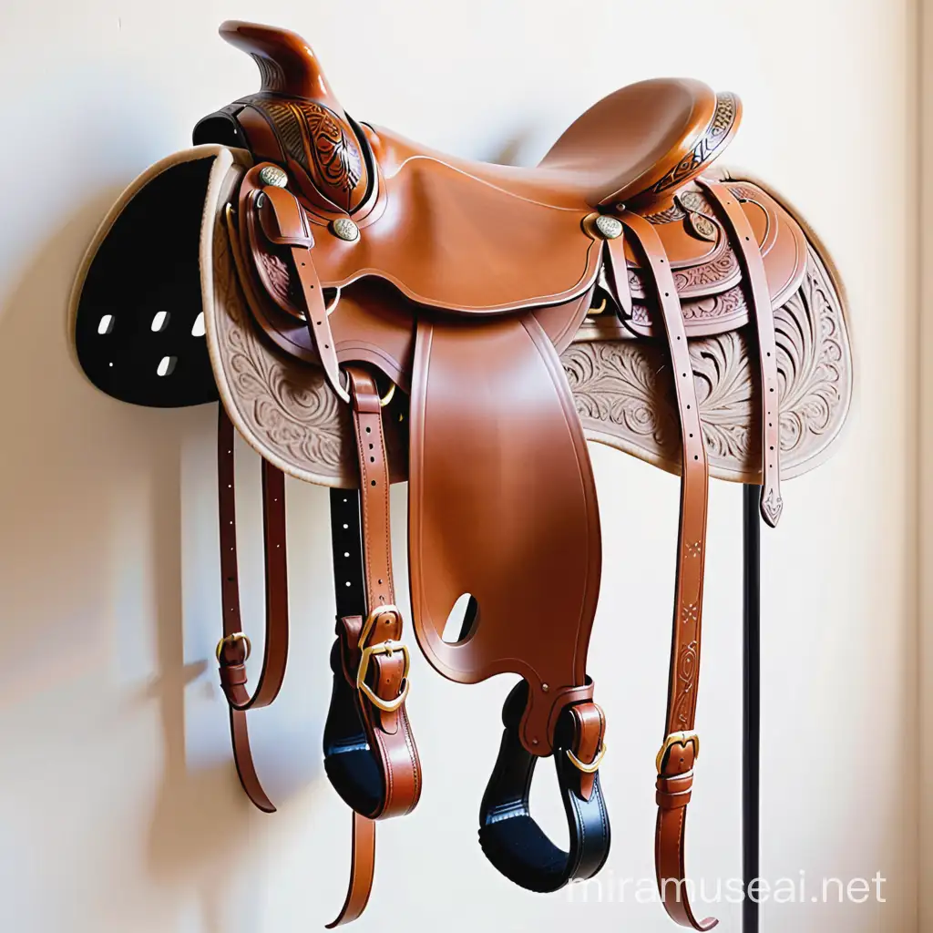 9 fancy saddles.  wood saddle rack. feminine. luxury. dream. oak wood barn. realistic. detailed. real measurements