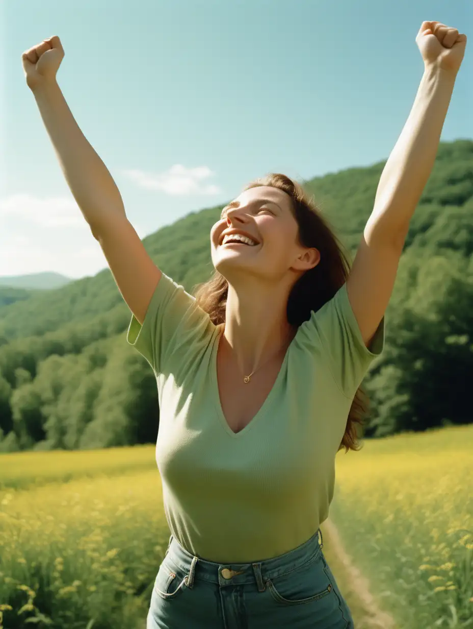 Illustrate with a woman in her 35, triumphing raising her arms to the sunny sky, smiling and a green environment in the background how vulnerability could become a superpower. Use kodak gold 400.