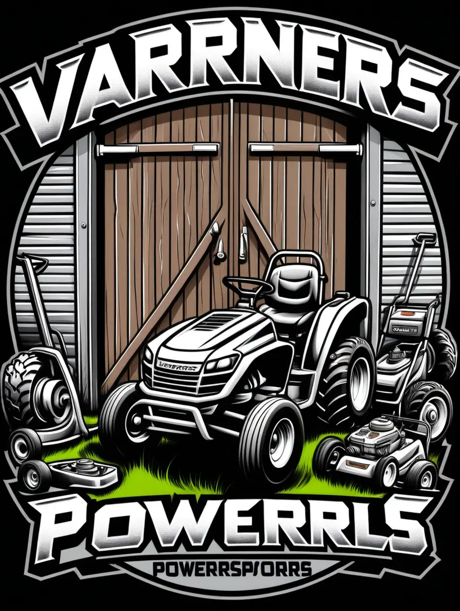 t-shirt design with a Varners Powersports. Old Small Engine Workshop With Old workshop Doors inside the workshop inside with clear day  outside the doors with a lawnmower tore apart outside pistons, mower parts. Spot color cartoon style shirt design