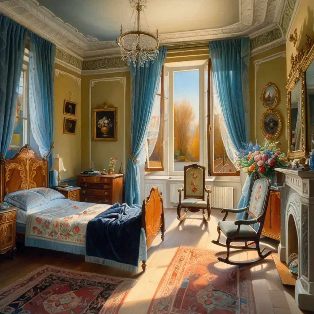 Painting of a bedroom in the colors and style of Dmitry Oleyn, with open windows, veil curtains with a vague floral pattern and sunlight coming in, in addition to a bed, flowers and a rocking chair in the room
