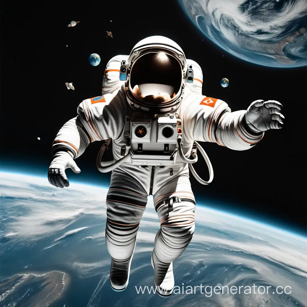 Cosmonaut with blown up head flying in space alone in front of Earth