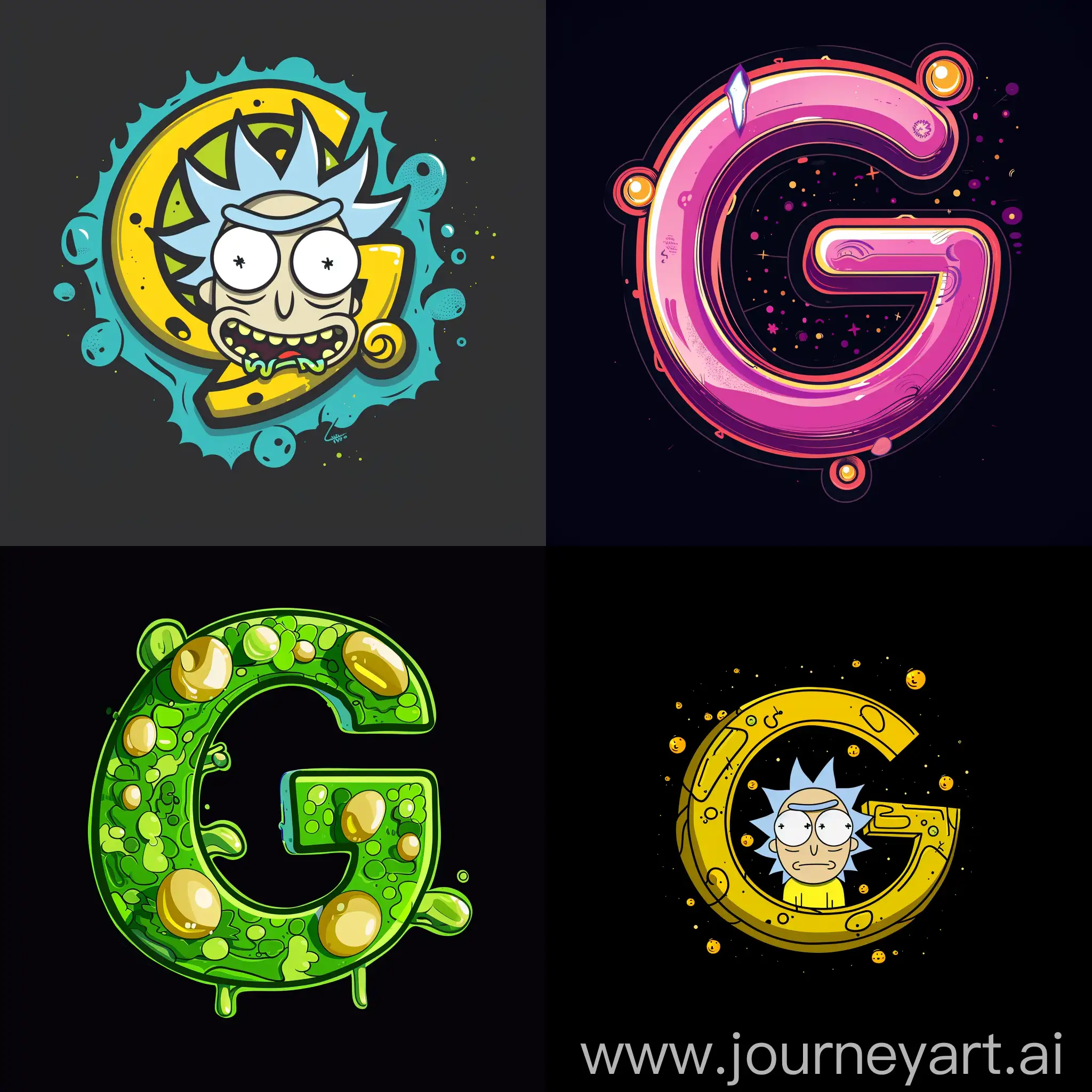Logotype for a company with "G" letter in rick and morty stile
