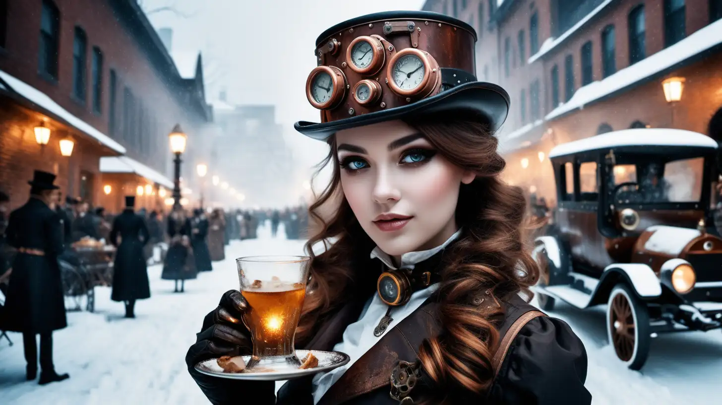 Steampunk Street Party Toasting Beauty in Winter Snow