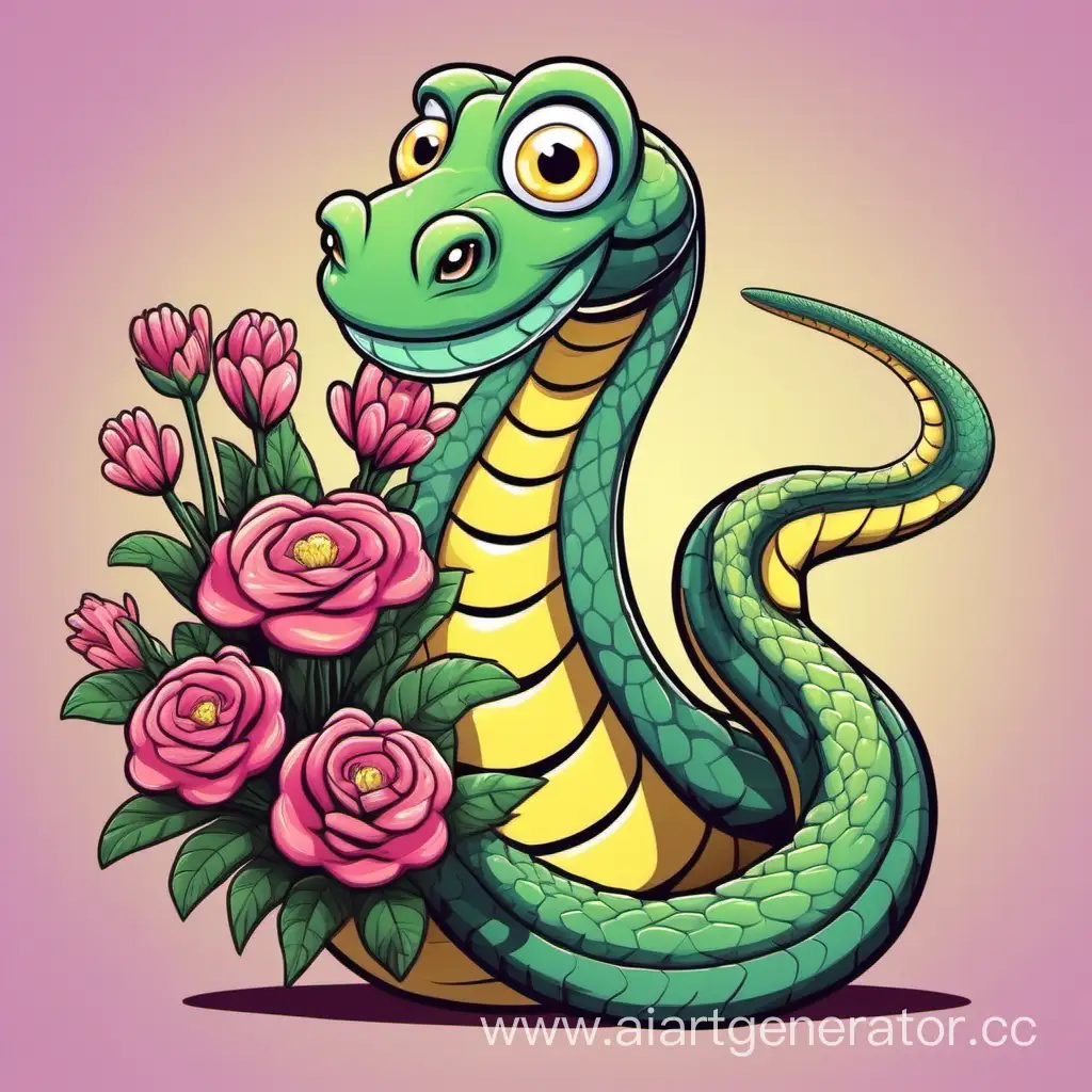 Cheerful-Cartoon-Python-Offering-a-Colorful-Bouquet-of-Flowers