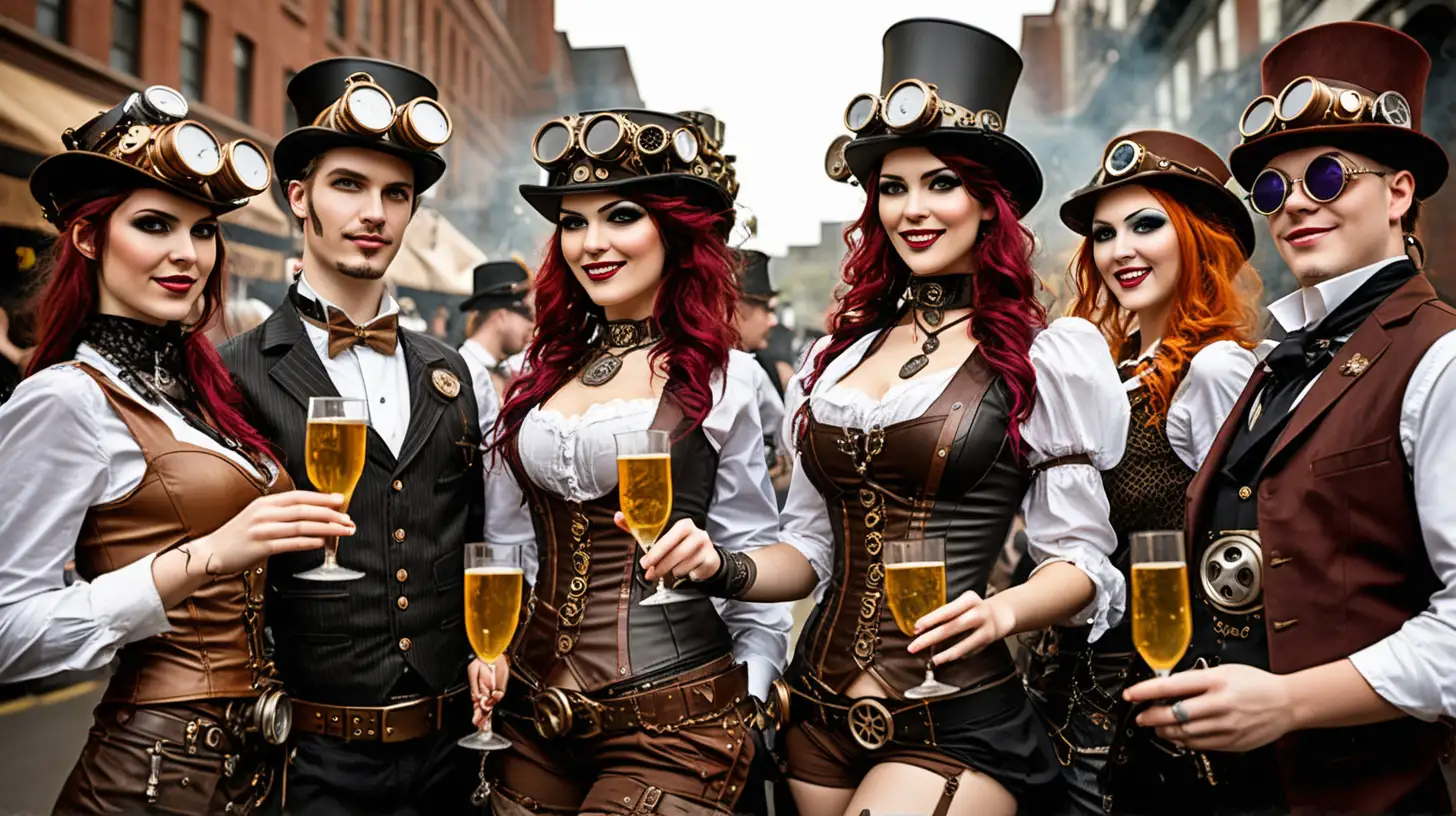 Steampunk Wild Street Party Celebration with Toasting Beauty Girls and Boys