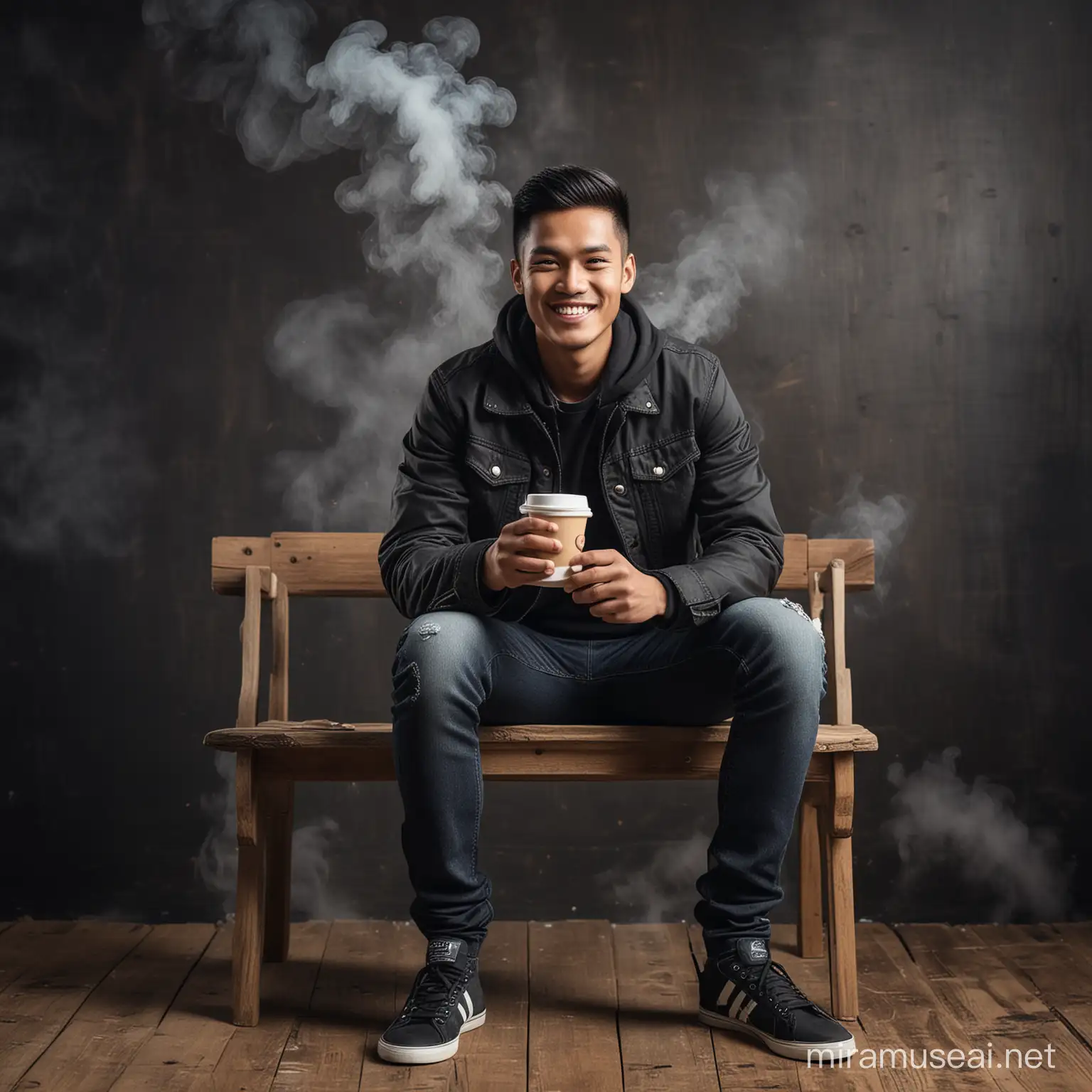 a young man, Indonesian face, wearing a black jacket, wearing jeans, wearing sneakers, sitting on a wooden chair, smiling, while carrying a cup of warm coffee, smoke effect, black rustic photography background, UHD, Hasselblad X1D II&nbsp; 50c Camera, iso 200