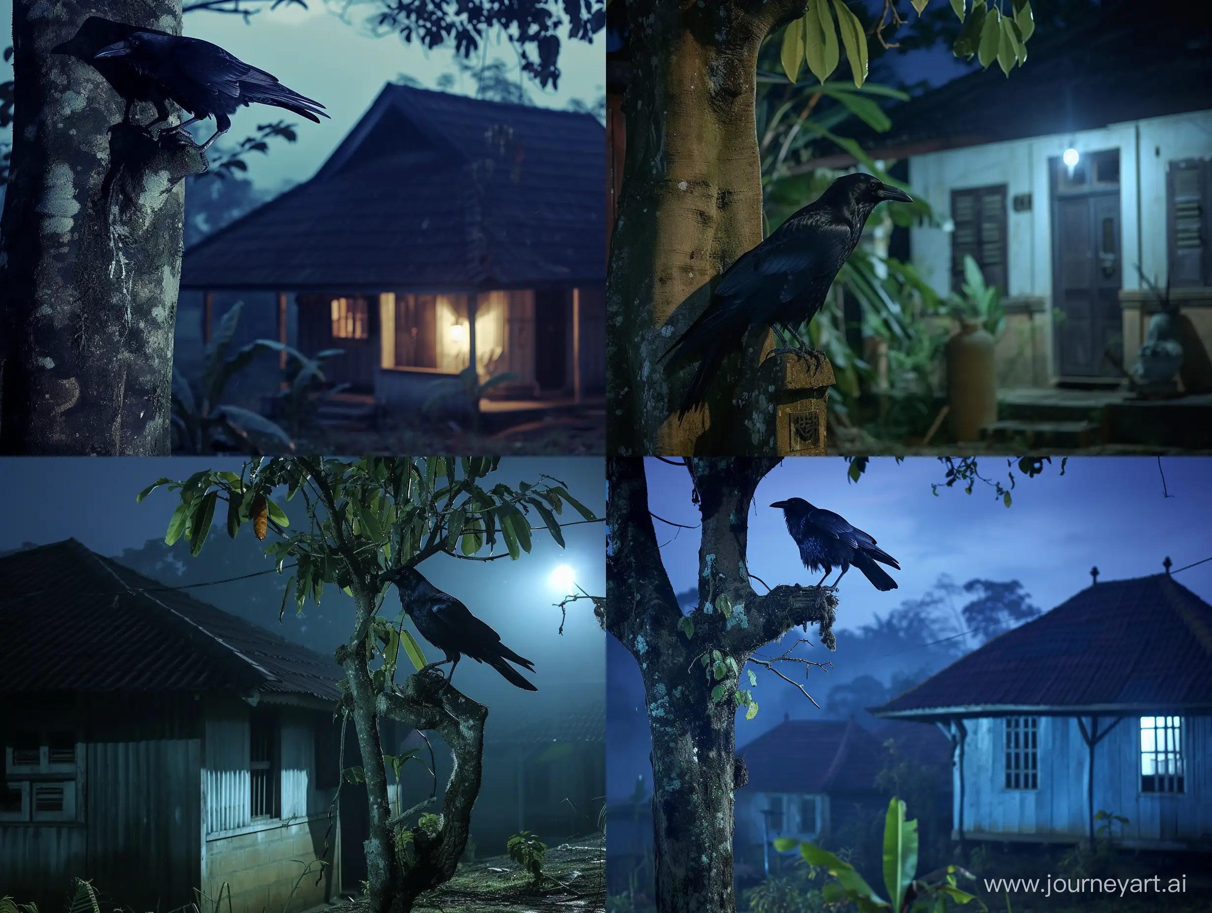 crow on a tree, next to a simple Indonesian house, at night,  Front view,  horror movie scene