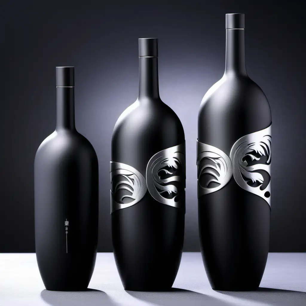 时尚东方酒瓶造型设计，高端酒，非主流的酒瓶造型非常独特，精密的产品照片图像，高细节，银色和黑色哑光陶瓷，极简主义装饰，出三套方案，品牌名称是玖莼