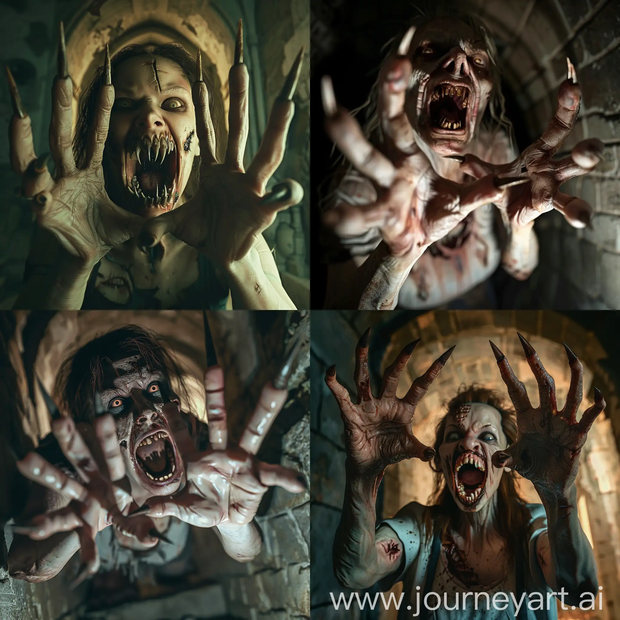 A horrifying nightmare scene of aggressive a  rotten zombie woman with long pointed nails like-claws on her five fingers two hands, her mouth is open with pointed teeth, she attacks you, scene inside old crypt, hyper-realism, cinematic, high detail, photo detailing, high quality, photorealistic, terrifying, aggressive, sharp teeth-fangs, dark atmosphere, realistic detailed, detailed nails, horror, atmospheric lighting, full anatomical, human hands, very clear without flaws with five fingers, dynamic pose