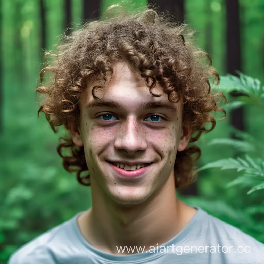guy with faint freckles, curls, chameleon eyes, Russian, 55 kg, height 165 cm, 20 years old, smiling, against the backdrop of the forest