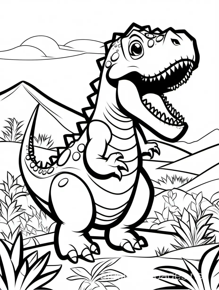 Dinosaur, Coloring Page, black and white, line art, white background, Simplicity, Ample White Space. The background of the coloring page is plain white to make it easy for young children to color within the lines. The outlines of all the subjects are easy to distinguish, making it simple for kids to color without too much difficulty