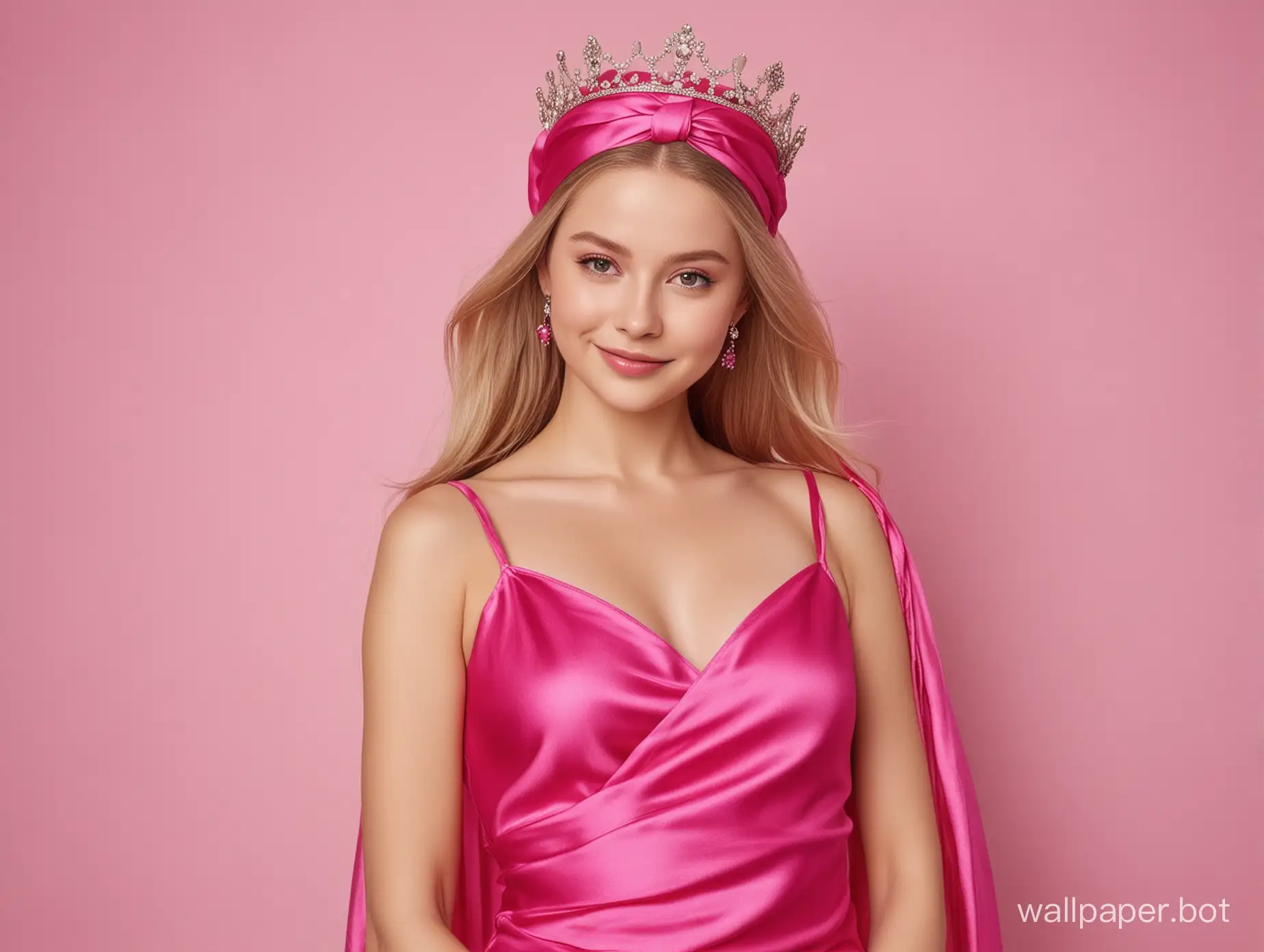portrait of sweet, young, gentle, sunny queen Yulia Lipnitskaya with long straight silky hair Smiling in Luxurious Pink fuchsia Silk slip dress with pink fuchsia silk towel turban and crown on the head