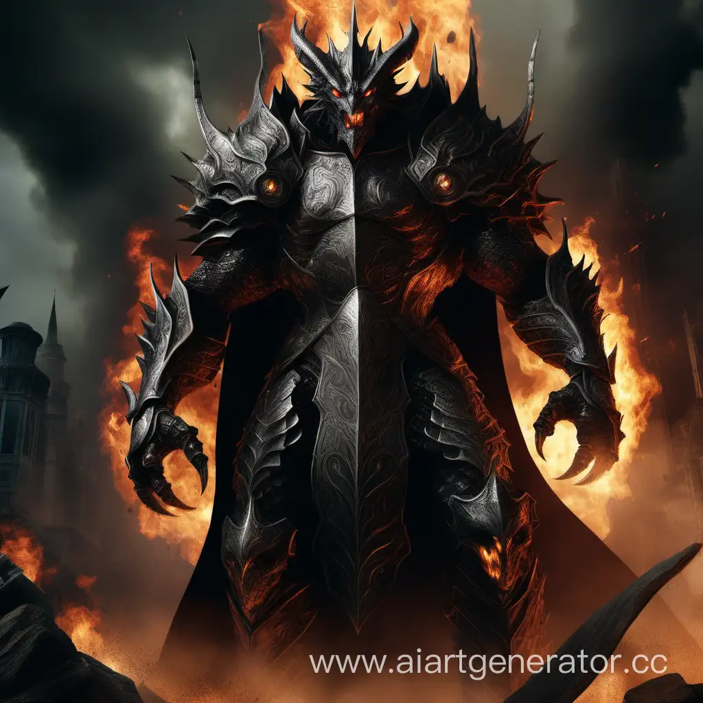 Гигант с лицом дракона, в стальных доспехах с темным плащем за спиной. Вокруг его тела опустошающее чёрное пламя