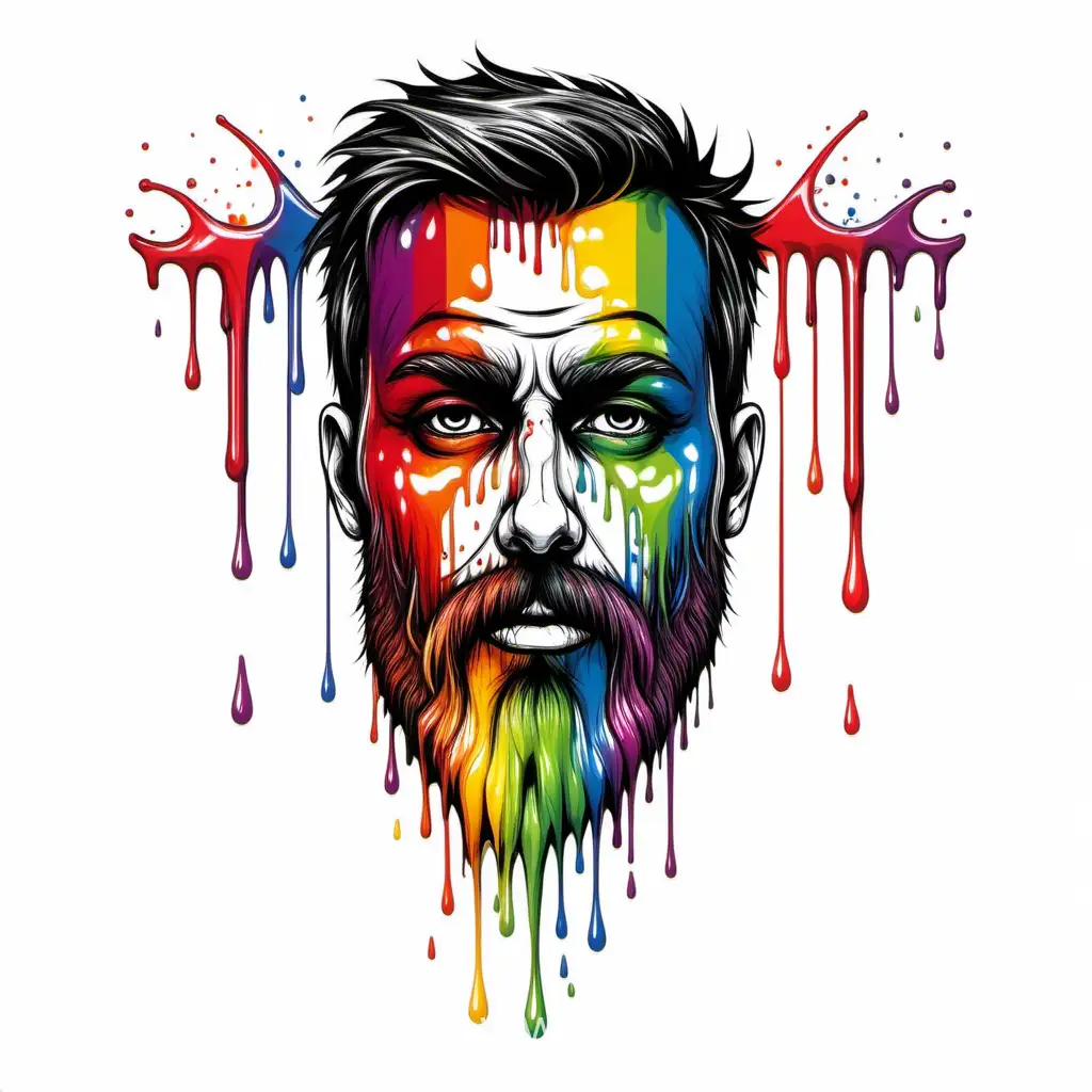 Simple vector beard man face of a rainbow blood paint dripping. white background.