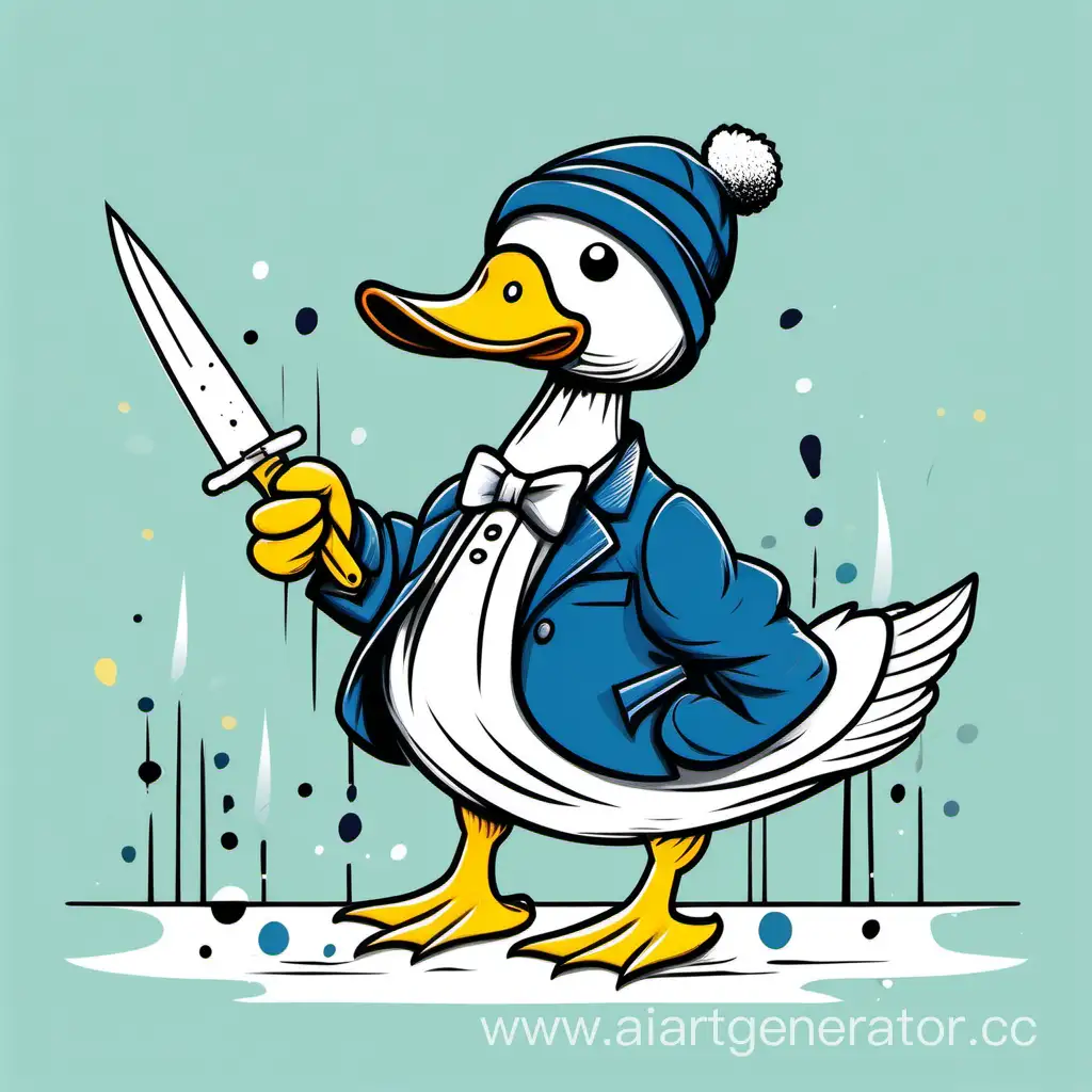 New-Years-Duck-with-Knife-Surrealistic-Vector-Art-in-Blue-Hat