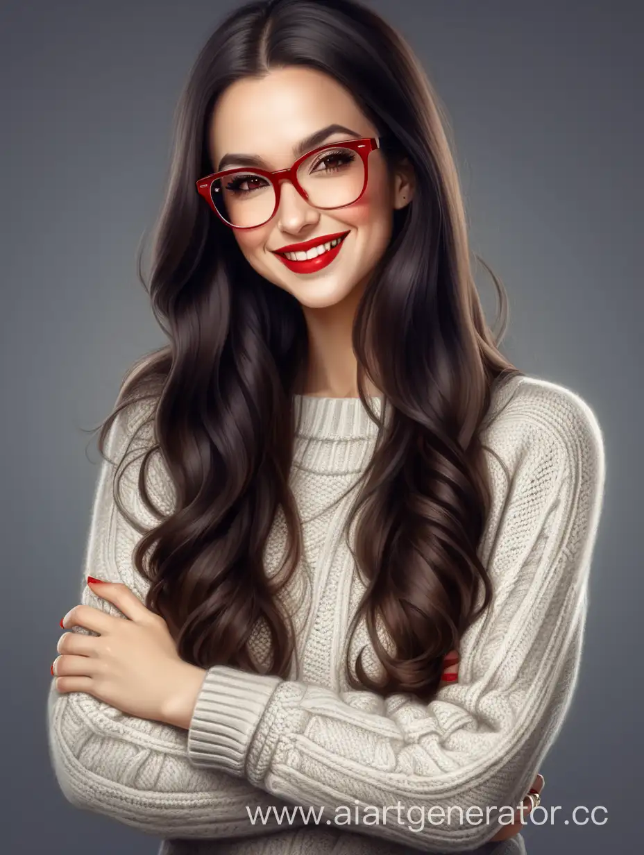 Красивая женщина психолог в стильном свитере штанах с тёмными длинными волосами в красных очках с красной помадой и улыбкой