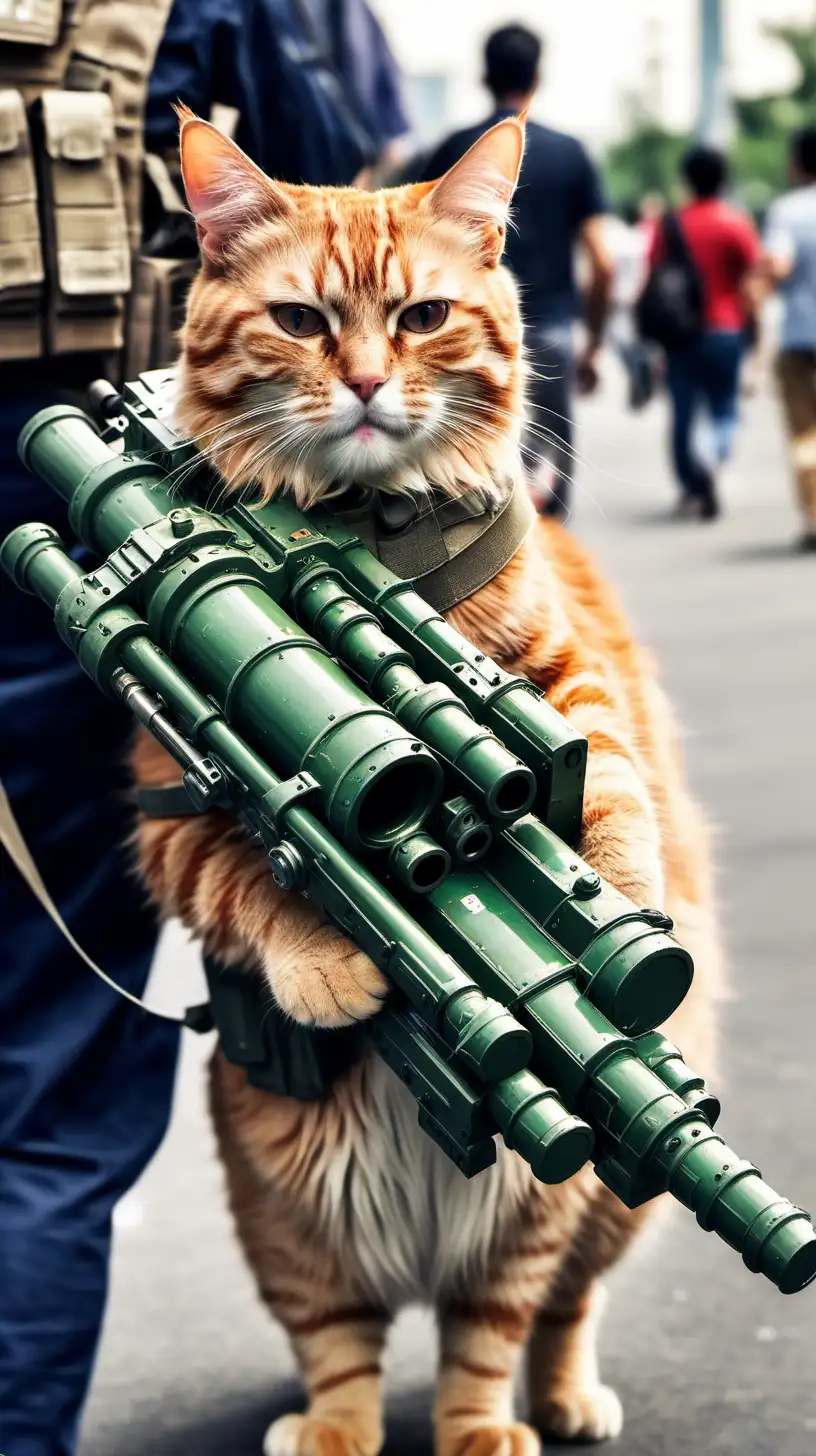 A cat with rocket launcher on shoulder
